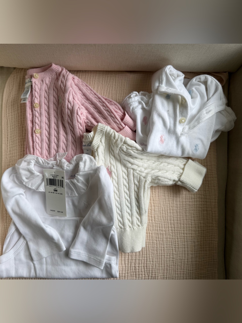 Ralph Lauren White collar Baby Onesie , Polo Ruffles & (2) Cable Knit Cardigan